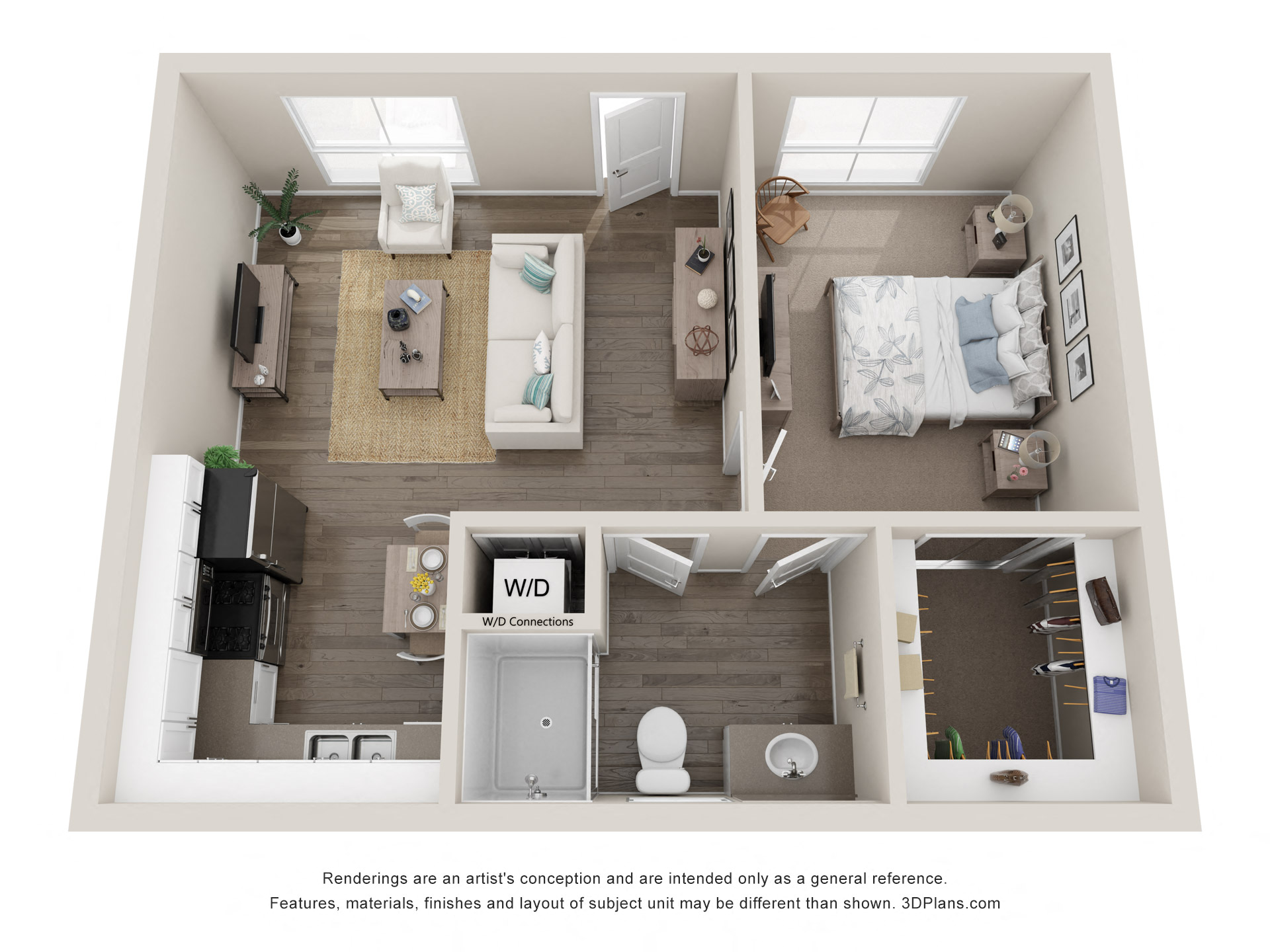 Floor plan for 1 bed, 1 bath, 577 sqft
